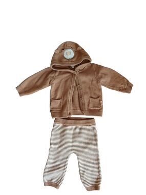Catimini Brown Bear Hooded Knit Set Cream Striped Pants 9M